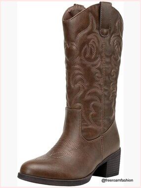 Women's Western Cowboy Boots Round Toe Mid Calf Pull On Embroidered
